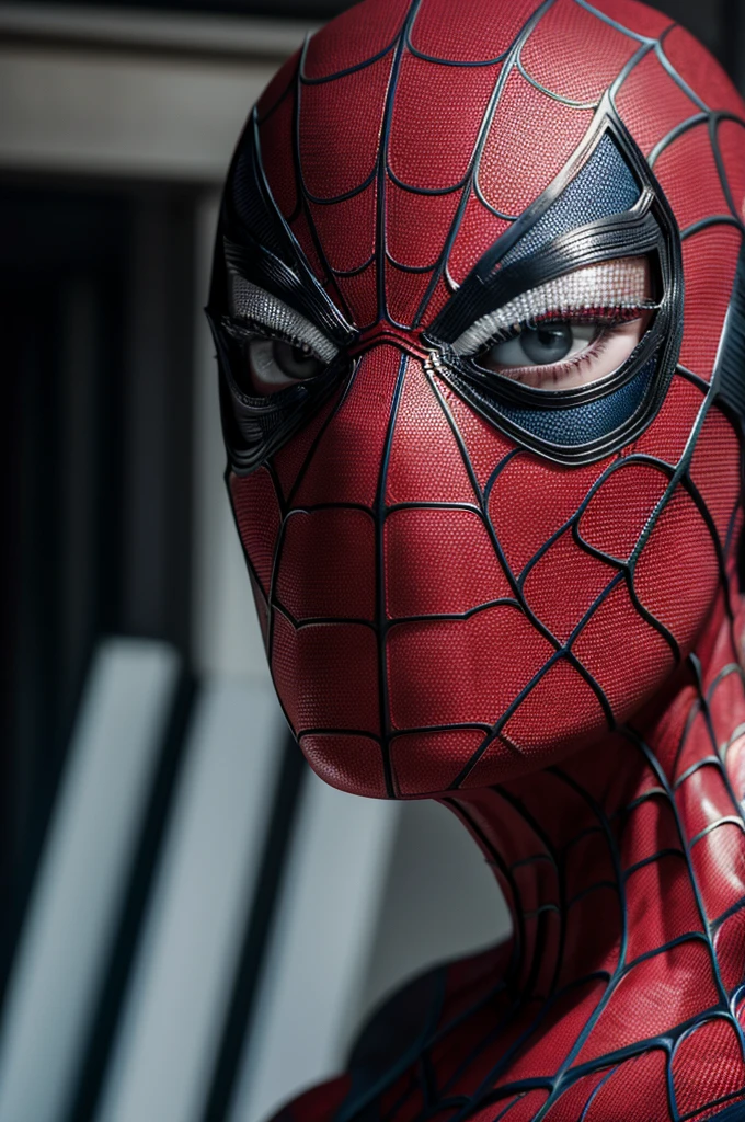 A photograph of Spider-Man., sin mascara, the 20s, elegant, detailed face, looking to the camera, portrait, 8k hd, high quality