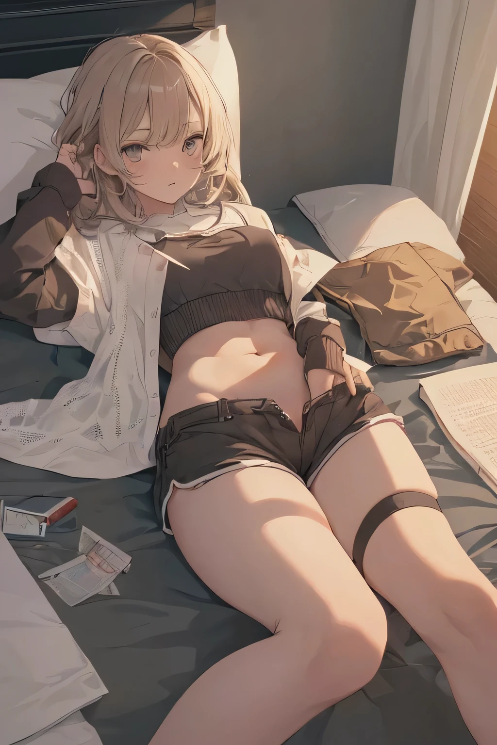 (((I can see her vagina through the gap in her shorts))) Cute Woman Lying in bed Shortcuts (((Focus on the head, stomach and groin))) Ultra focus from below