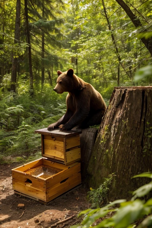 A bear sits in a clearing at the edge of the forest and eats honey from a beehive, whose top cover is open. Honey dripping from right paw.