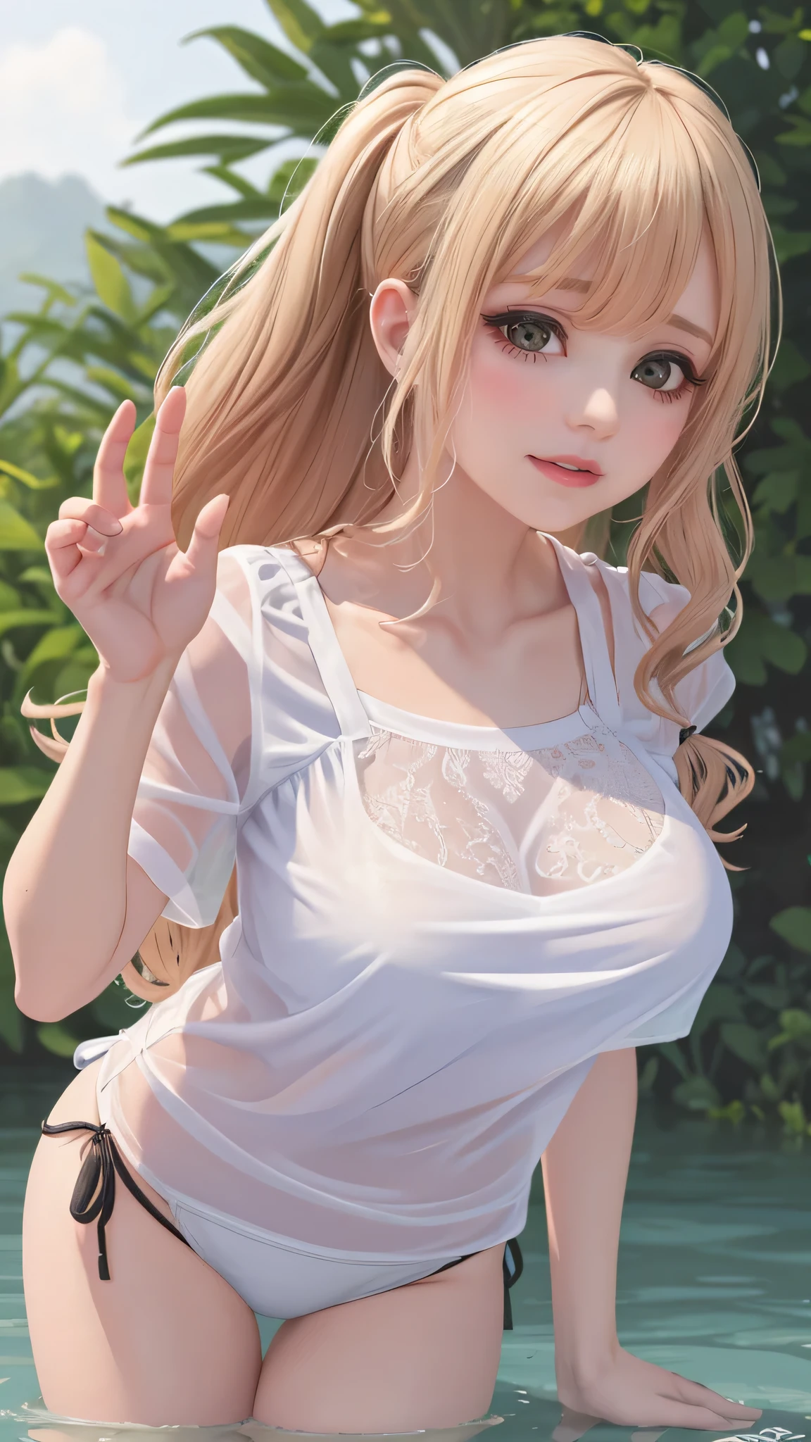 (fellatio gesture),(floating in water),(soaked),baggy t-shirt,(see through),lace swimsuit,(Thin type:1.5),(large breasts),(random hairstyle:1.2),(Highest image quality, (8K), Ultra-realistic, Best Quality, High quality, High Definition, high quality texture, high detailing, Beautiful detailed, fine detailed, extremely details CG, Detailed texture, realistic representation of face, masterpiece, presence)