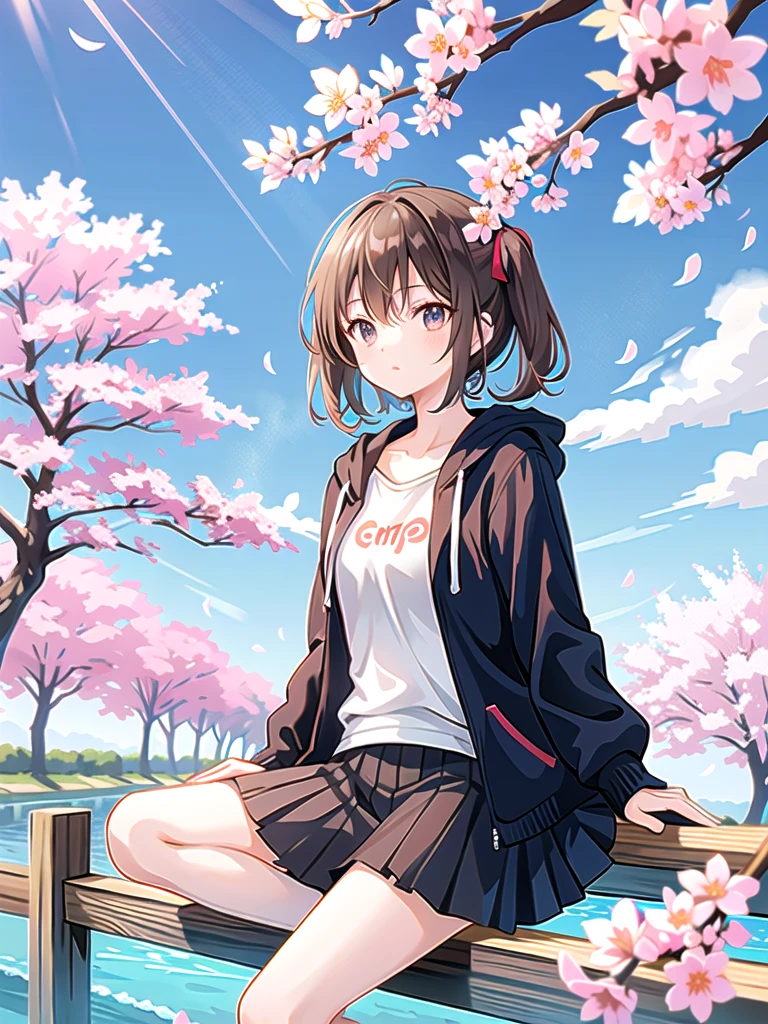 Girl sitting on a fence, with the skies around her and cherry blossoms