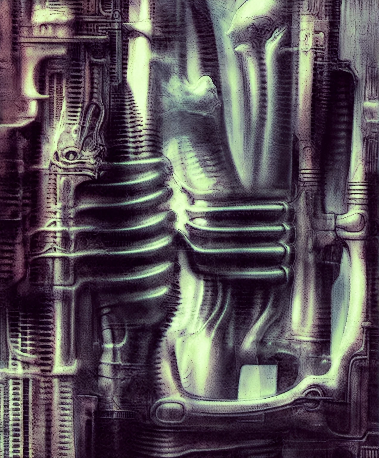 g1g3r, Giger_style, The image is a detailed view of H.R. Giger's \" Li II \" plate, featuring a complex network of bones and organs in a purple-brown hue ,swirling gray and brown colorsgroup of three alien figures positioned in the foreground. Emaciated and skeletal, with hollow eyes, they appear to be constructed from bone and metallic elements, a characteristic fusion of organic and mechanical forms found in Giger's biomechanical art.
The image features a robotic humanoid figure with intricate mechanical details, standing in a room with a glowing screen displaying the word \"EVE\" and a hand reaching out to touch its face. The background is a dark and limited space painted in a uniform blue-green color. This lack of detail keeps the focus on the figures and creates a sense of mystery about their environment. Receding into the distance are a series of arches and tunnels that hint at a larger biomechanical landscape, possibly the work of the creatures themselves The artwork is silver and purplish brown, with an ivory bones prominently displayed. The image is highly detailed and intricate, almost like a 3d version of a medical diagram (detailed view of an anatomy model, possibly of a human body, with transparent organs and bones exposed). The piece has a thick mechano-organic texture and is covered in fine details. The image has a swirling, organic quality to it. The artistic manner would be unmistakably Gigeresque. A dark and unsettling beauty would permeate the piece, blurring the lines between fascination and repulsion , forever haunted by the grotesque allure. Giger's signature artistic manner would be evident in every stroke. The airbrush would be wielded with masterful precision to create a hyperrealistic yet nightmarish aesthetic.., ooze soaked pajama top
