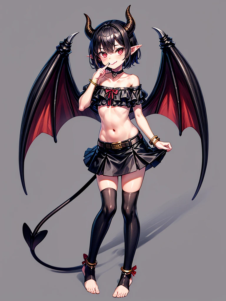 (masterpiece:1.2), (highest quality:1.2), 1girl, solo, horns, tongue, tongue-out, tail, Red-eyes, barefoot, navel, skirt, pointy-ears, Black-hair, demon-girl, blush, short-hair, demon-tai, looking-at-viewer, Gray-background, bare-shoulders, smil, full-body, choker, demon-horns, ribbon, naughty-face, collarbone, jewelry, Black-skirt, midriff, finger-to-mouth, hear, bangs, belt, bow, Black-ribbon, see-through, standin, bat-wings, flat-chest, ((miniskirt)), closed-mouth, leg-up, Black-wings, anklet, tsurim, Black-choker, hand-up