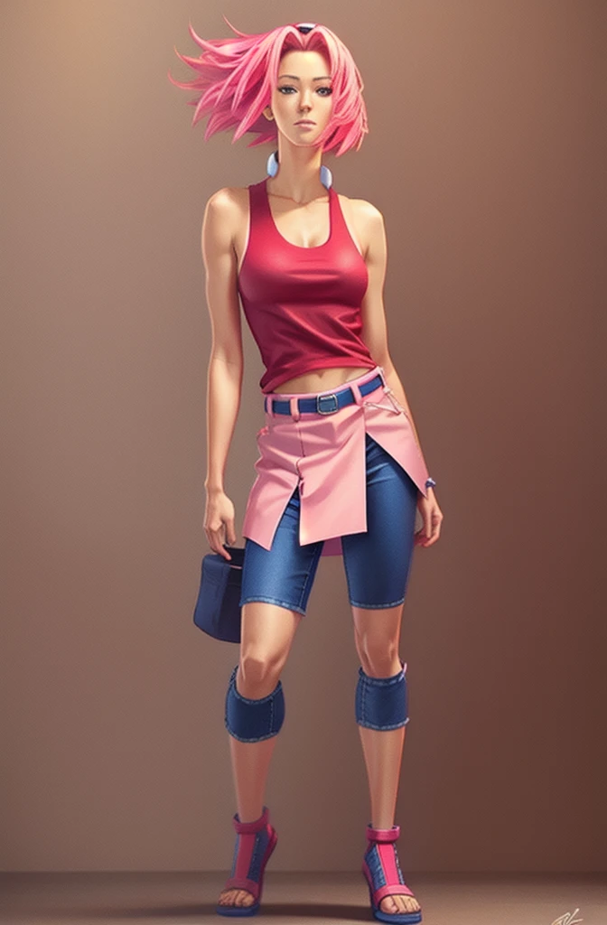 Sakura is beautiful and tall with short anime hair, super realistic and well detailed red tank top, Blue pants, belt,  Pink shoses, fullbody, looking at the veiwers, Ultra High quality, Standing,