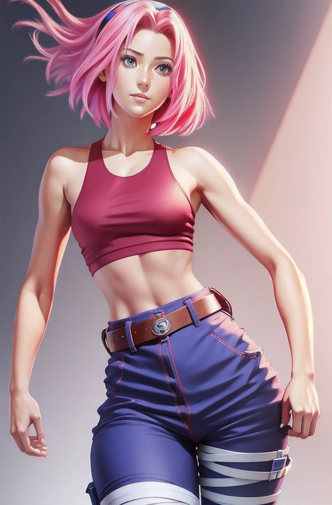 Sakura is beautiful and tall with short anime hair, super realistic and well detailed red tank top, Blue pants, belt,  Pink shoses, fullbody, looking at the veiwers, Ultra High quality, Standing,