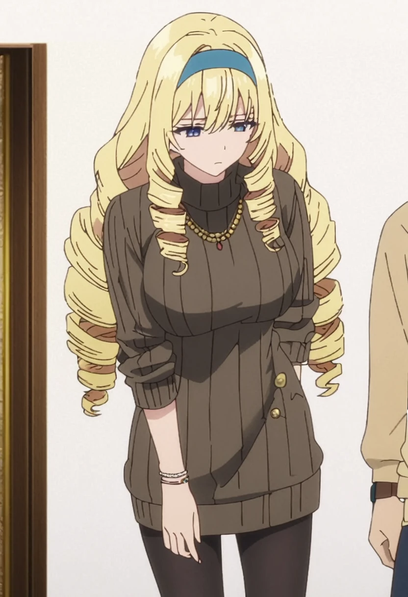 masterpiece, best quality, screencap, blonde hair, long hair, curly hair, drill hair, blue hairband, sweater dress, ribbed sweater, golden corners, bracelet, jewellery, black pantyhose, adult, large breasts, white background, empty look