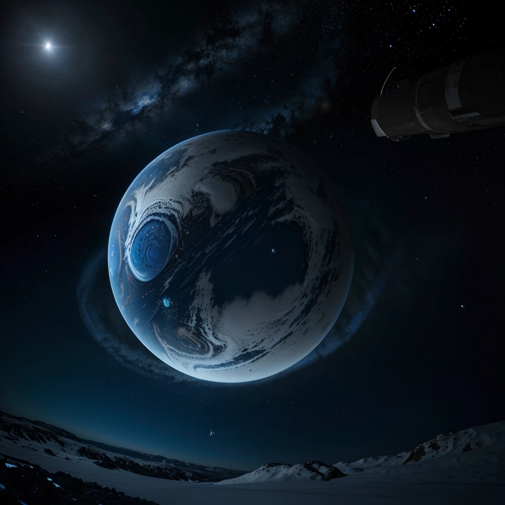 A vibrant blue gas giant planet with a prominent bright white ring, situated against a dark starry backdrop. The atmosphere appears as a lighter shade of blue, hinting at a nitrogen-rich composition. No other details or features are visible, allowing the focus to remain on the natural beauty and grandeur of the planet and its signature defining ring.