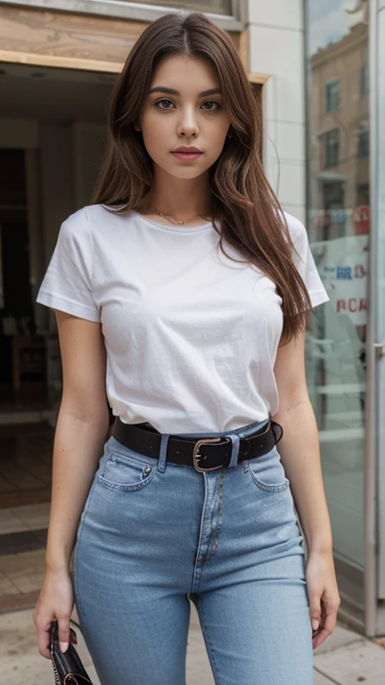 Girl big  huge belted tight jeans t-shirt tucked