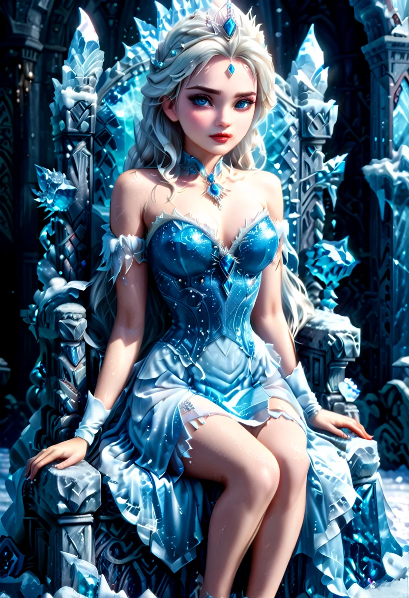 Arafed a picture of a frozen throne for an ice goddess, the goddess is sitting on her icy throne, wearing white and blue royal dress, glamorous dress, dynamic hair, bold intense eyes, extremely exquisite beautiful queen, perfect body, (anatomically correct: 1.3), ultra feminine, ultra detailed face, dark blue lips, azure glowing eyes, she sits on a (throne made from ice: 1.3) of regality, and might, throne carved from ice , legendary symmetric design, with (many carvings in the ice: 1.3), dynamic caevings on the handles decorated with (diamonds: 1.1), and (blue gems: 1.1), fantasy ice goddess hall room background, (masterpiece: 1.4) intense details, highly detailed, photorealistic, best quality, highres,16k, (ultra detailed:1.3(, masterpiece, best quality, (extremely detailed), close up, ultra wide shot, photorealistic, RAW, fantasy art, dnd art, fantasy art, realistic art,((best quality)), ((masterpiece)), (detailed: 1.5), ral-ntrgmstn, faize