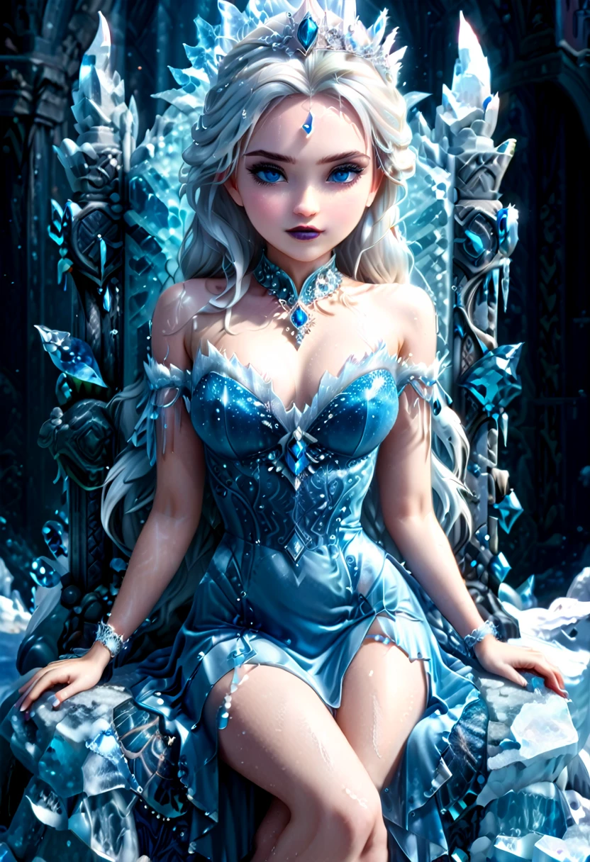 Arafed a picture of a frozen throne for an ice goddess, the goddess is sitting on her icy throne, wearing white and blue royal dress, glamorous dress, dynamic hair, bold intense eyes, extremely exquisite beautiful queen, perfect body, (anatomically correct: 1.3), ultra feminine, ultra detailed face, dark blue lips, azure glowing eyes, she sits on a (throne made from ice: 1.3) of regality, and might, throne carved from ice , legendary symmetric design, with (many carvings in the ice: 1.3), dynamic caevings on the handles decorated with (diamonds: 1.1), and (blue gems: 1.1), fantasy ice goddess hall room background, (masterpiece: 1.4) intense details, highly detailed, photorealistic, best quality, highres,16k, (ultra detailed:1.3(, masterpiece, best quality, (extremely detailed), close up, ultra wide shot, photorealistic, RAW, fantasy art, dnd art, fantasy art, realistic art,((best quality)), ((masterpiece)), (detailed: 1.5), ral-ntrgmstn, faize