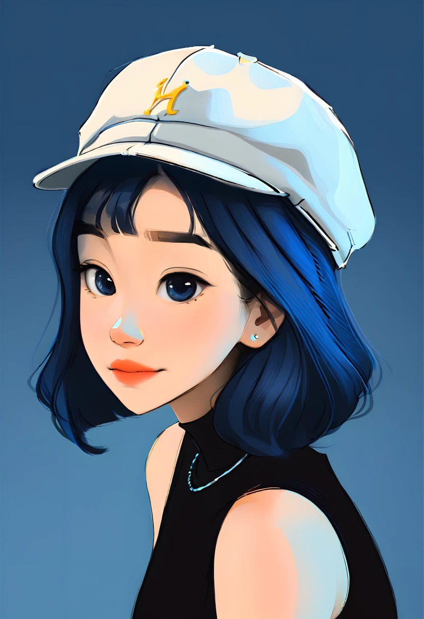 Portrait of a woman with a cap, shorth hair, blue background, webtoon style 