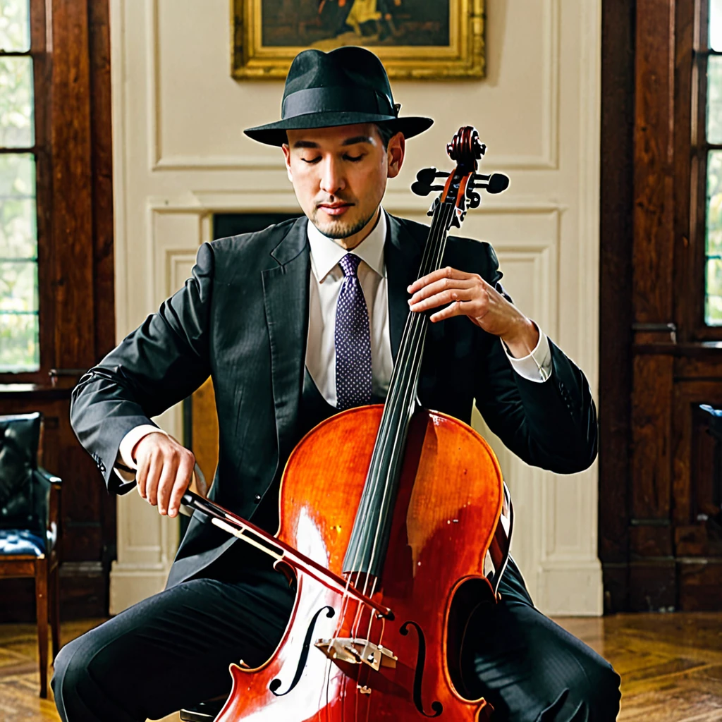 Man in suit and hat playing cello