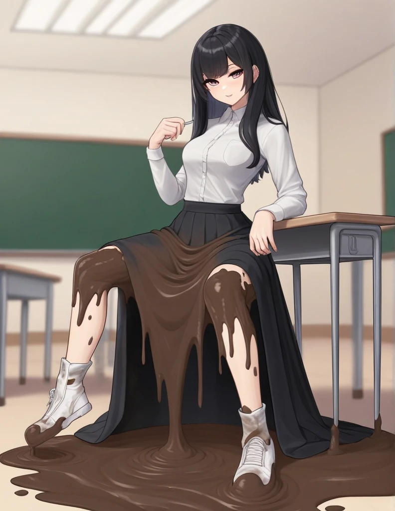 Ultra-realistic, 4k, 1girl, 10 year old, cute face, pretty face, cute eyes, bad body, black hijab, long black skirt, tight long sleeve white shirt, white sneakers, backpack, crying, (((both hands on ass))), very sweaty, in dirty classroom, near the desk, dirty skirt, dirty chair, dirty clothes, sweaty clothes, (((make the whole image filthy and dirty))), (((some mud dripping from long skirt))), stinky atmosphere, filthy atmosphere, mud on long skirt, disgusting long skirt, (((extreme amount of mud on crotch))),
