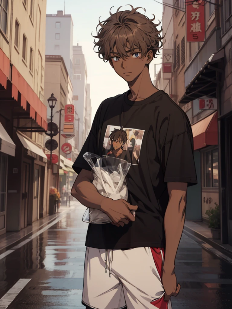 An anime man, hydrated face, he is 20 years old, dark skin color, his hair is curly, hair colors are light brown highlights, the color of their eyes are red, it caught the attention of anyone on the street, She wore a total black T-shirt with the width of XL, he wore baggy white shorts, his height is 1.80 and his weight is 50 kilos.