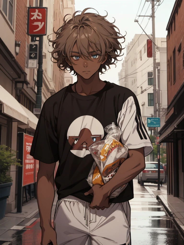 An anime man, hydrated face, he is 20 years old, dark skin color, his hair is curly, hair colors are light brown highlights, the color of their eyes are red, it caught the attention of anyone on the street, She wore a total black T-shirt with the width of XL, he wore baggy white shorts, his height is 1.80 and his weight is 50 kilos.