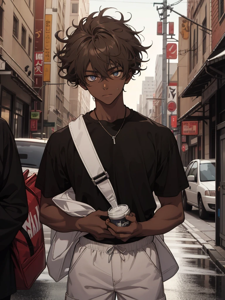 An anime man, hydrated face, he is 20 years old, dark skin color, his hair is curly, hair colors are light brown highlights, the color of their eyes are red, it caught the attention of anyone on the street, She wore a total black T-shirt with the width of XL, he wore baggy white shorts, his height is 1.80 and his weight is 50 kilos.