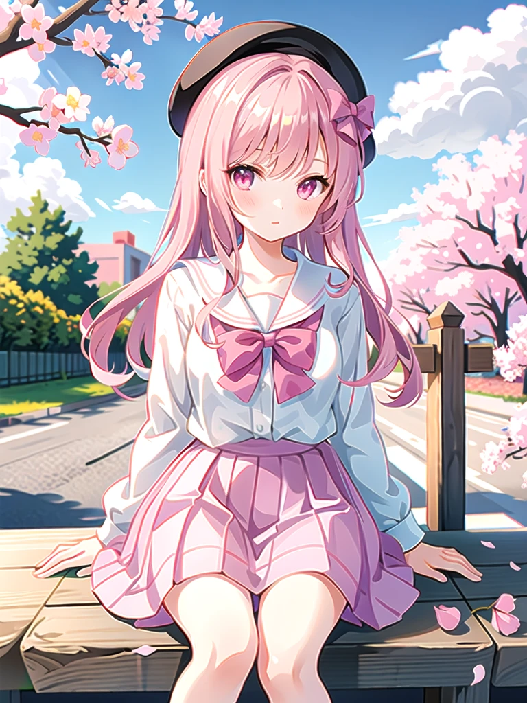Girl girl in light pink school clothes wearing a beret with a white bow gentle girl and wide skirt, sitting on a fence, with the skies around her and cherry blossoms