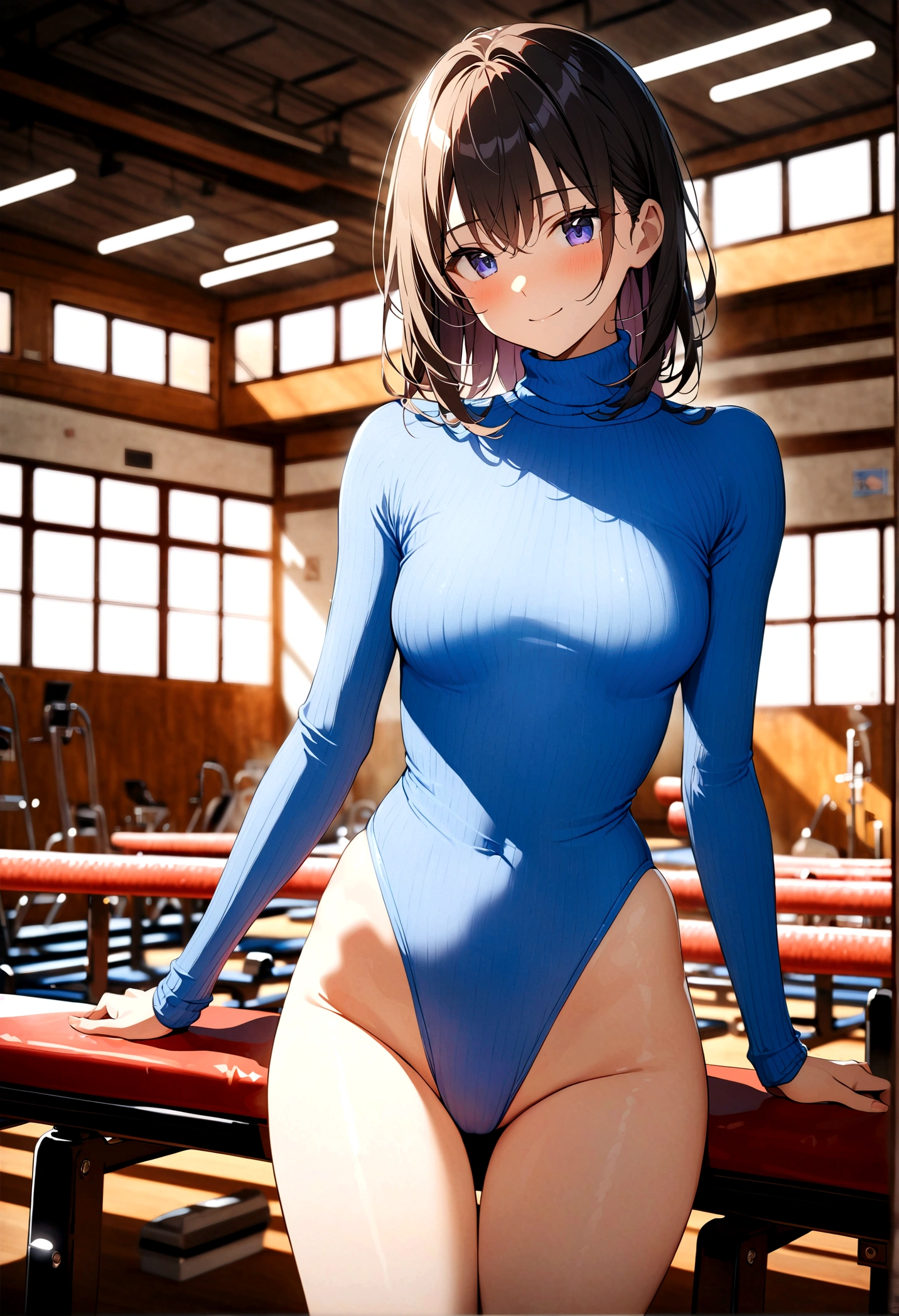 highquality illustration, masterpiece, very delicate and beautiful, attractive girl,(colorful leotard, heattech leotard,tight leotard,long_sleeve leotard,ribbed leotard,high_leg leotard,turtleneck leotard),gymnastics club,gymnastics athlete,bare legs,gymnasium background,beautiful eyes, light smile,(masterpiece, best quality:1.2), highres, extremely detailed CG unity 8k wallpaper, perfect lighting, Colourful, ultra-high res,4K,ultra-detailed, photography, 8K, HDR,
