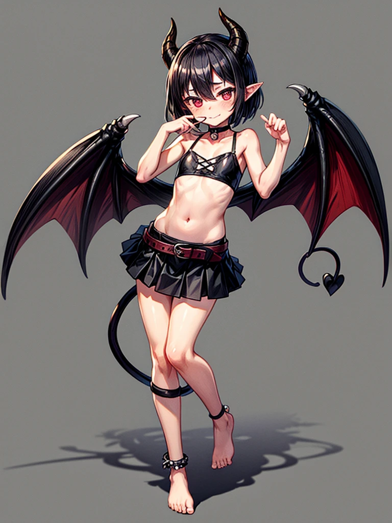 (masterpiece:1.2), (highest quality:1.2), 1girl, solo, horns, tail, Red-eyes, barefoot, navel, skirt, pointy-ears, Black-hair, demon-girl, blush, short-hair, demon-tai, looking-at-viewer, Gray-background, bare-shoulders, smil, full-body, choker, demon-horns, ribbon, naughty-face, collarbone, jewelry, Black-skirt, midriff, finger-to-mouth, hear, bangs, belt, bow, Black-ribbon, see-through, standin, bat-wings, flat-chest, ((miniskirt)), closed-mouth, leg-up, Black-wings, anklet, tsurim, Black-choker, hand-up