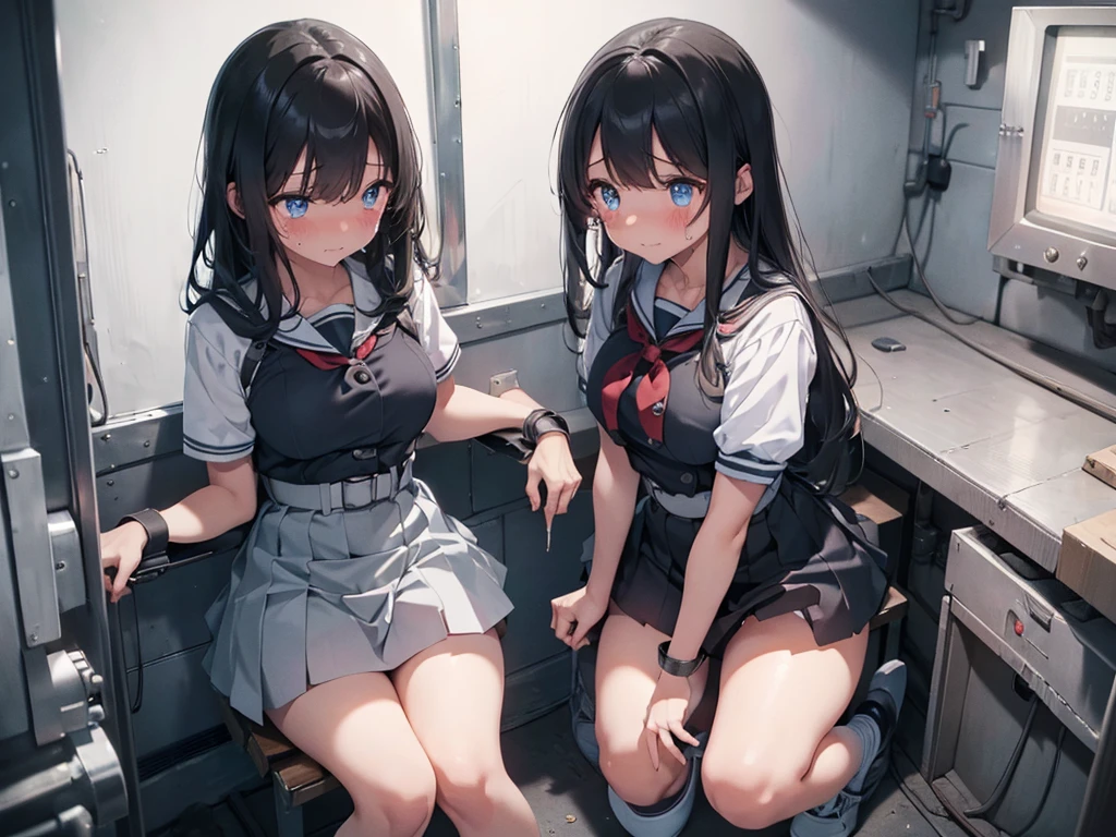 2 girls, strapped to chairs, (inside basement, torture room, cryogenic cell, cryogenic cell), (open legs:1.5), (blushing:1.5), (((blushing, terrified, crying))), (wrist cuffs, ankle cuffs, wrists tied, ankles tied), arms to the sides, ((tight clothing, short sleeves, sailor uniform, miniskirt, shoeless)), perfect face, detailed face, detailed eyes, beautiful eyes, big breasts, long hair