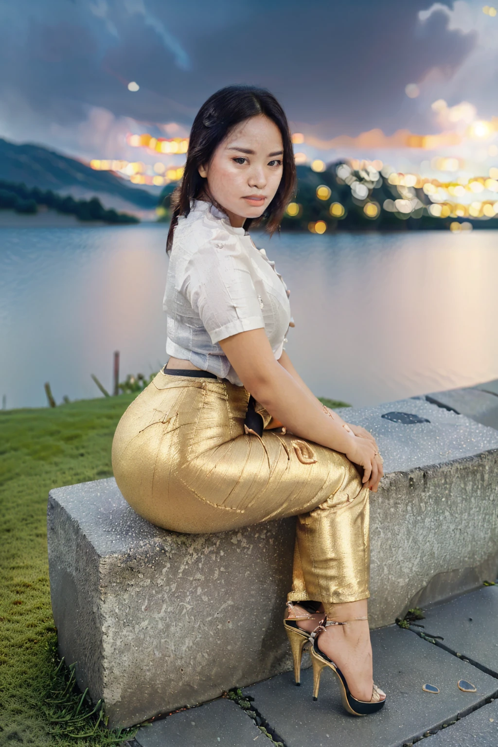 arafed asian woman, (((full body view:2))), (((view from buttock:1.5))), ((((pretty lady MoonLay)))), (((looking forward:2))), ((stylish seductive sitting on the bench for photography:1.5)), ((((she face towards the lake:2)))), (((her back lean against backrest:1.5))), ((((white stone minimalistic sleek bench)))), ((wearing Myanmar traditional elegant and stylish affair:1.2)), ((super curvy and wide buttock)), ((white shirt:1.6)), ((red satin skirt:1.6)), ((blue sandal high heel:1.3)), south east asian with square face, traditional beauty, beautiful asian girl, anime thai girl, a young beautiful asian woman, (((photorealistic background))), ((in a beautiful park with vast shimmering lake background:1.5)), ((cinematic star shaped bokeh background blur:1.7)), (((photorealistic cloudy evening sky with golden sunlight:1.5))), ((lake surface reflect evening golden sunlight:1.2)), (cinematic enhance HDR portrait glow lighting))), perfect anatomy, cannon mark v, DSLR quality, (perfect anatomy), (perfect toes), (perfect hands), (realistic sitting pose), ((((no objects in front of her))))