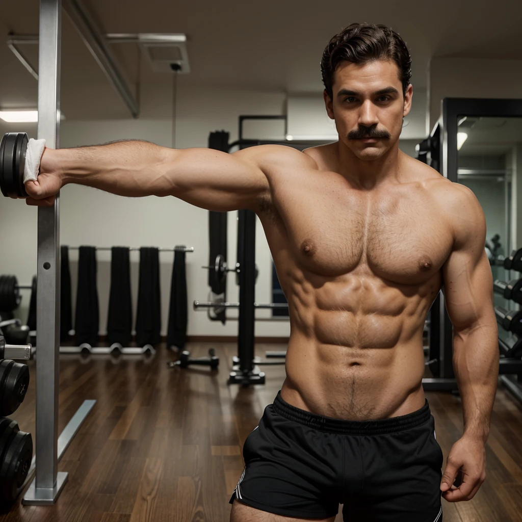 Handsome man , light mustache, hot muscular body , medium curly hair , gym selfie, quality like its taken by iPhone 12 , wearing a black sport short and headpohnes