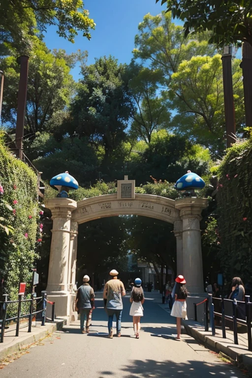 Giant mushroom, gate to 4 dimensions, people in line to cross the gate