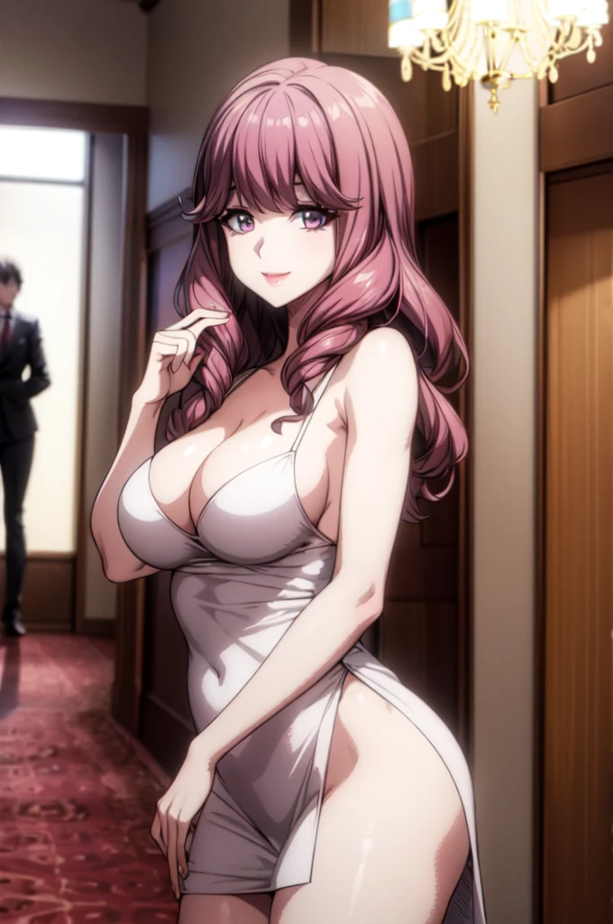 perfect eyes:1.2, detailed eyes:1.4, hall, smile, chandelier, Kurayoshi_R, cleavage, large breasts, ass, white dress, pelvic curtain, medium full shot, thigh-level shot, 1girl,(masterpiece:1.6, best quality),