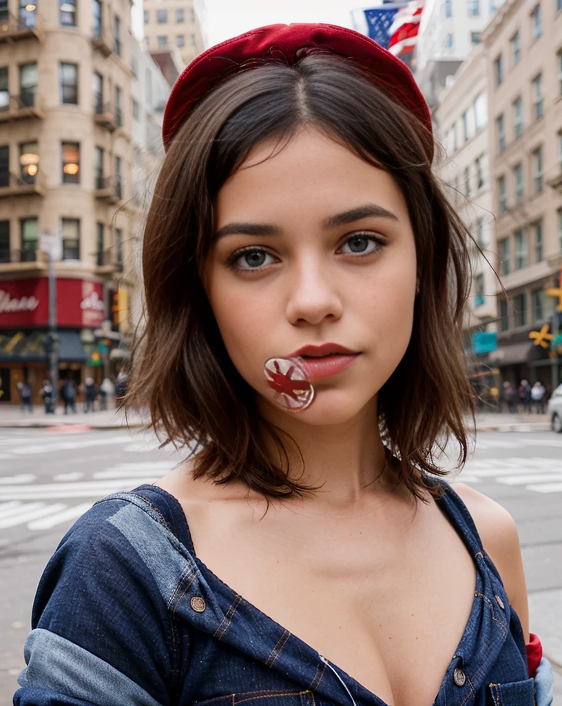 Photo of (jortega) posing in a flannel shirt and blue jeans with an American Flag draped around her shoulders and a red baseball hat on her head, solo, ((blue eyes)), bob haircut, facing camera, on a New York City street, photograph, photoshoot, Captured by Panavision Panaflex Platinum Camera with Panavision Primo Primes Spherical Lens 50mm T1.9, desnuda, tetas grandes