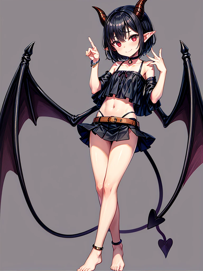 (masterpiece:1.2), (highest quality:1.2), 1girl, solo, horns, tail, Red-eyes, barefoot, navel, skirt, pointy-ears, Black-hair, demon-girl, blush, short-hair, demon-tai, looking-at-viewer, Gray-background, bare-shoulders, smil, full-body, choker, demon-horns, ribbon, naughty-face, collarbone, jewelry, Black-skirt, midriff, finger-to-mouth, hear, bangs, belt, bow, Black-ribbon, see-through, standin, bat-wings, flat-chest, ((miniskirt)), closed-mouth, leg-up, Black-wings, anklet, tsurim, Black-choker, hand-up