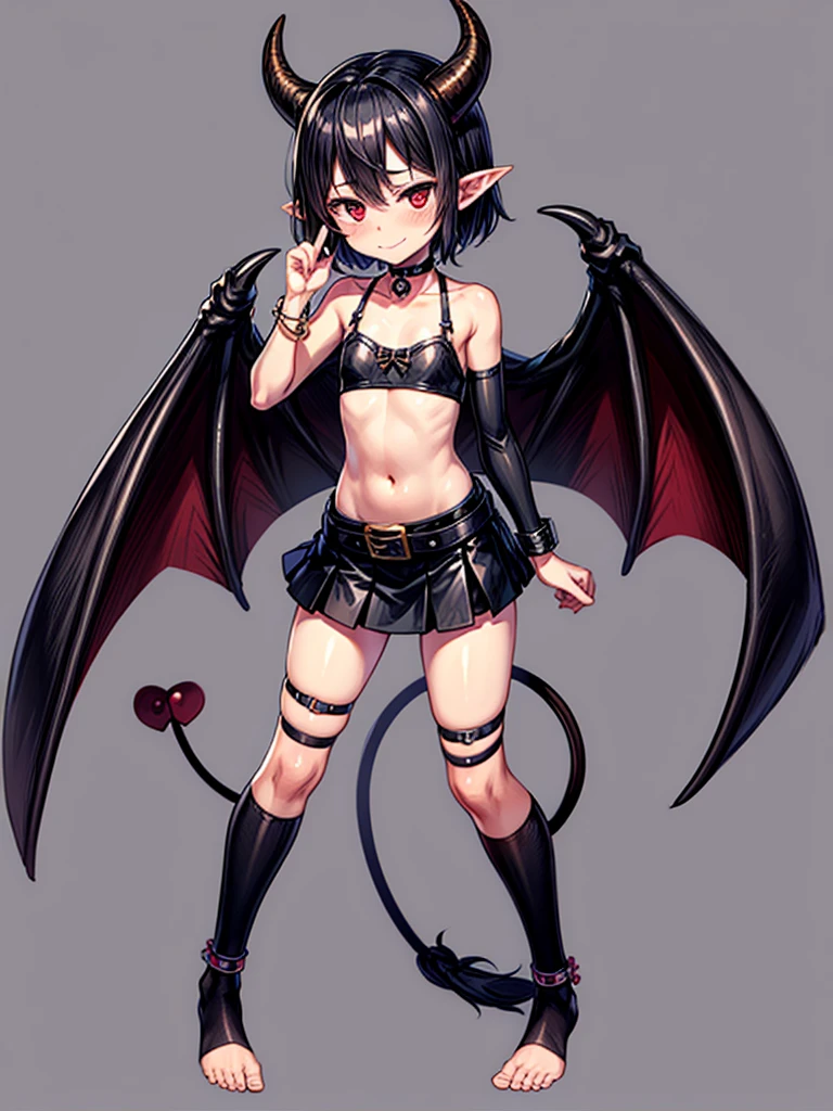 (masterpiece:1.2), (highest quality:1.2), 1girl, solo, horns, tail, Red-eyes, barefoot, navel, skirt, pointy-ears, Black-hair, demon-girl, blush, short-hair, demon-tai, looking-at-viewer, Gray-background, bare-shoulders, smil, full-body, choker, demon-horns, ribbon, naughty-face, collarbone, jewelry, Black-skirt, midriff, finger-to-mouth, hear, bangs, belt, bow, Black-ribbon, see-through, standin, bat-wings, flat-chest, ((miniskirt)), closed-mouth, leg-up, Black-wings, anklet, tsurim, Black-choker, hand-up
