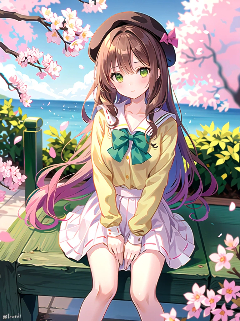 Girl with brown hair and green eyes in light pink school clothes wearing a beret with a white bow, gentle girl and wide skirt, sitting on a fence, with the skies around her and cherry blossoms