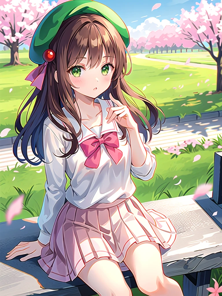 Girl with brown hair and green eyes in light pink school clothes wearing a beret with a white bow, gentle girl and wide skirt, sitting on a fence, with the skies around her and cherry blossoms