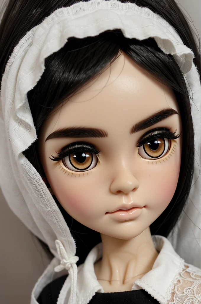 blythe doll with white skin, black hair, and brown eyes, with lashes and eyeliner