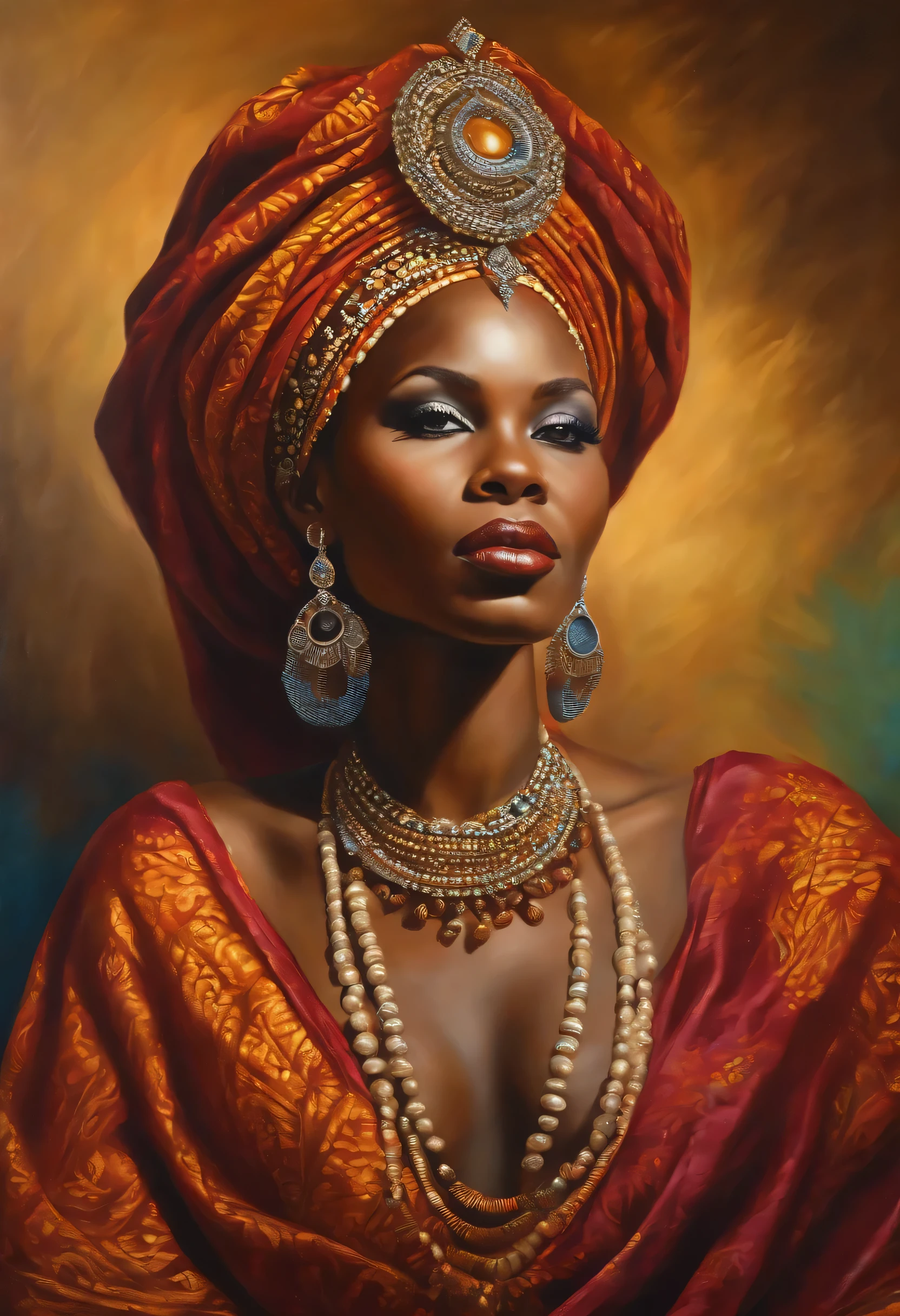 Ultra Realistic oil painting of a beautiful African woman dressed in beautiful royal African attire, hyperrealistic 