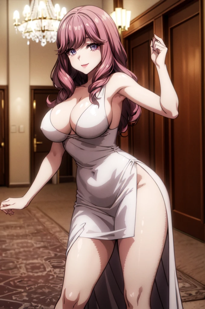 perfect eyes:1.2, detailed eyes:1.4, hall, smile, chandelier, Kurayoshi_R, cleavage, large breasts, ass, white dress, pelvic curtain, long dress, medium full shot, thigh-level shot, 1girl,(masterpiece:1.6, best quality),