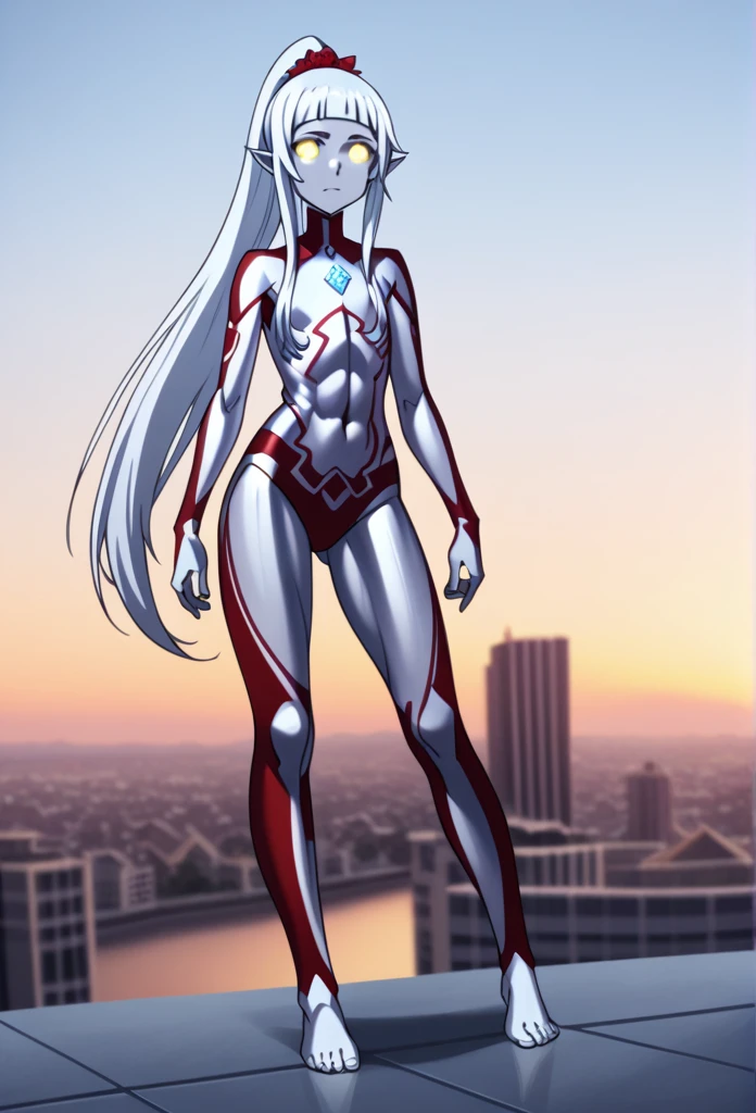 1girl, solo, anime style, 4k quality, masterpiece, best quality, sword art online, ****ta, , yui, long hair, blunt bangs, white hair, very long hair, high ponytail, pointy ears, elf, barefoot, ultrawoman, robot, colored skin, glowing eyes, yellow eyes, flat chest, giantess, giant, metallic face, metallic skin, shiny skin, chrome skin, gem on chest, colour timer on chest, chest jewel, blue jewel, muscular, abs, Female Bodybuilding Style, ultra beam, thick_thighs, looking at viewer, full body, serious face, closed mouth, standing, giantess, outdoor, city, citycape, skyscraper