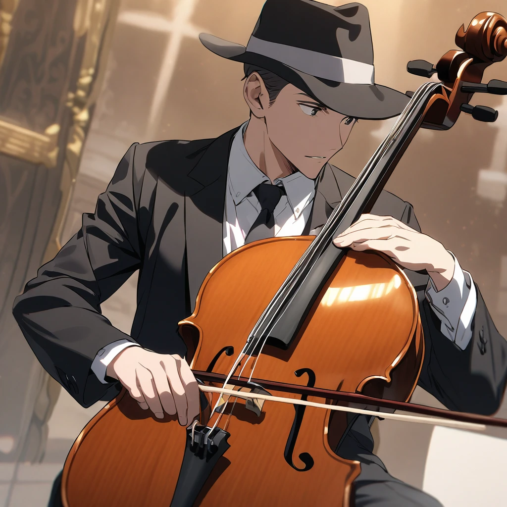Man in suit and hat playing cello 