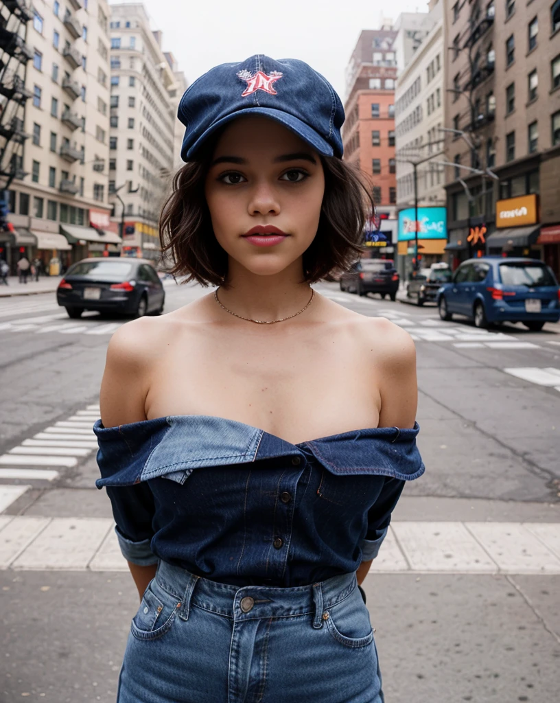 Photo of (jortega) posing in a flannel shirt and blue jeans with an American Flag draped around her shoulders and a red baseball hat on her head, solo, ((blue eyes)), bob haircut, facing camera, on a New York City street, photograph, photoshoot, Captured by Panavision Panaflex Platinum Camera with Panavision Primo Primes Spherical Lens 50mm T1.9, desnuda, tetas grandes 