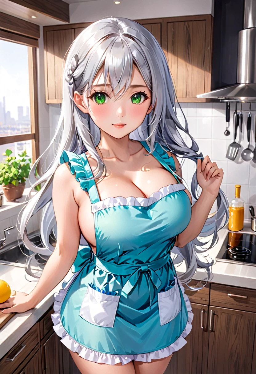 Beautiful asian woman, long silver hair, green eyes, wearing kitchen apron, busty, cute outfit