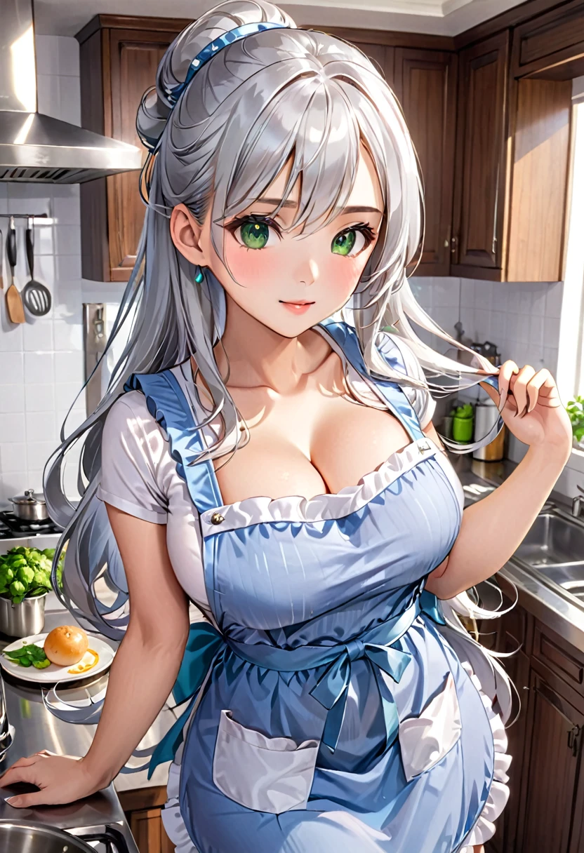 Beautiful asian woman, long silver hair, green eyes, wearing kitchen apron, busty, cute outfit