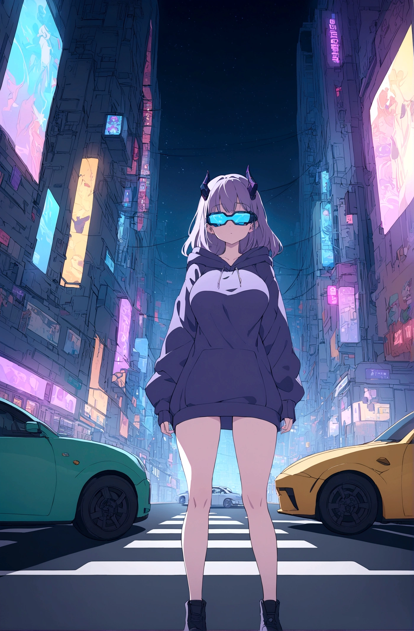Slim teen girl huge tits, standing at the middle of road, wearing black purple hoodie without one arm, wearing cyber glasses, neon city, at night, cars, cybernetic horns