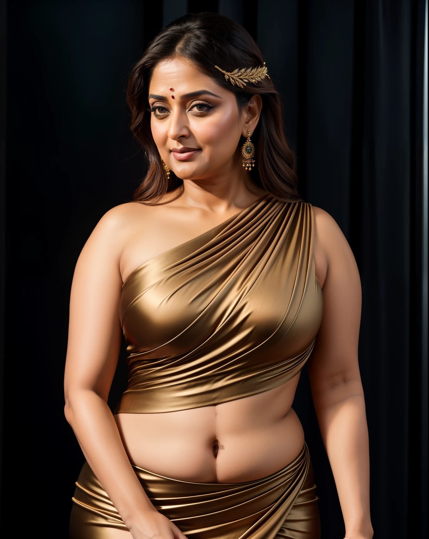 50yo mature MILF Anushka Shetty, thick figure, curvy, fleshy curvy figure, motherly figure, mommy, momma, ((best quality)), ((masterpiece)), ((realistic)), Medusa, full body, the hair  composed of countless small snakes, green eyes, female face, juicy figure, metal carved top, sexy navel folds, beautiful deep navel, royal aura, trend on artstation , sharp focus, studio photo, intricate detail, very detailed, detailed eye, illustration, very detailed, sharp focus, digital render, professional, 4k