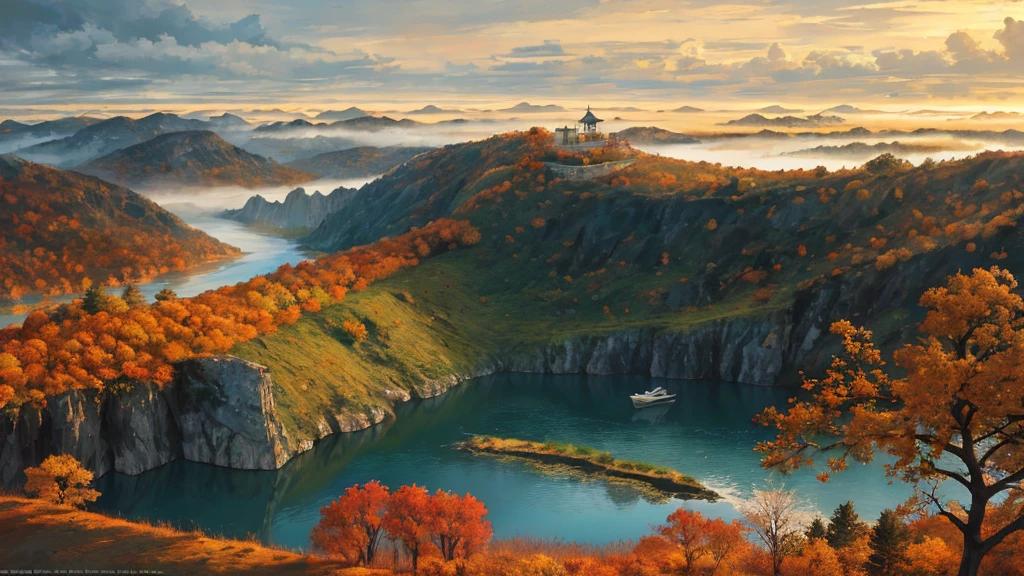 RAW photos of landscapes，The most exquisite details，Realistically，（Sunset and a lone crane flying together，Autumn water is long，Only one color 1.2），Fog atmosphere，China、Autumnal、jungle、Wild geese，lake、Cave、Fall，The tree、grassland、Rochas、please、Hot springs、hydrosphere、（Implications：1.0）、Epic Composition、Realistic lighting、High Definition Details、masterpiece、best quality，（Highly detailed CG Unity 8k wallpaper）advertise，Composition，美学Composition。Autumnal色彩，Illustration poster。
