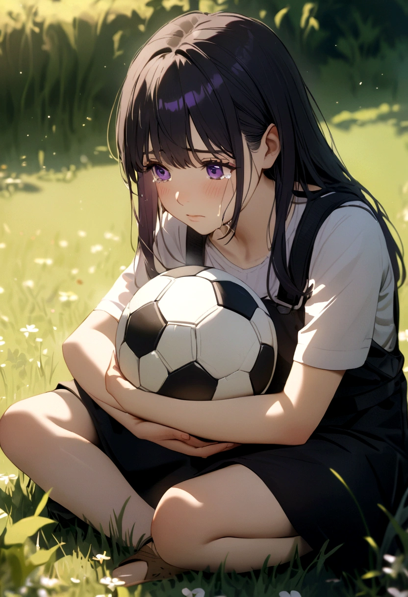 Girl with black hair and purple eyes with a punctured soccer ball in her hands sitting on the grass crying