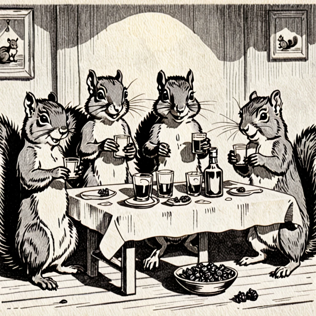 Squirrel, drunk, drinking Rum, vintage, pencil draw, 4 squirrels, gathering, table with a bottle of rum in the middle. Squirrel 1 holding a peanut, squirrel 2 holding shredded coconut, squirrel 3 holding raisins, and squirrel 4 holding a sack of flour, They are drunk, sitting with 4 glasses of rum and ice, vintage, draw