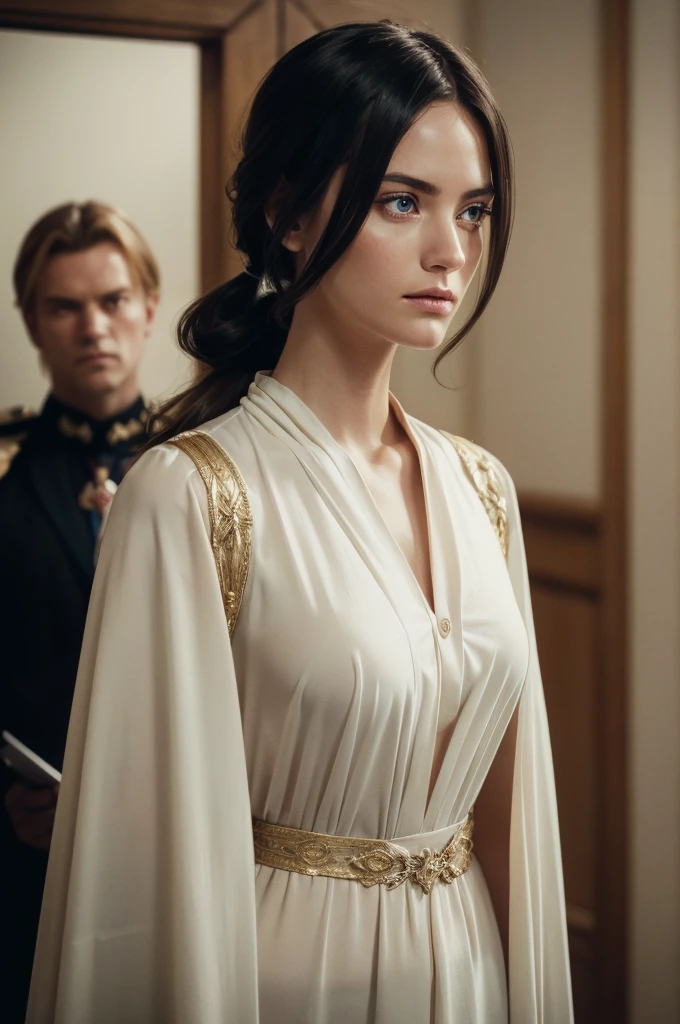 A adult girl in realistic portrait of high quality and detail, Clorinde (Genshin Impact), 2000's movie style, french girl, full-length, dark and mysterious atmosphere, pale skin, glow, eye shadow, 1girl, thriller fantasy, Depth & Perspective, sadness on her face, Mystical powers, fine face, She's standing in the courtroom, indoors, вa tall young woman with smooth and rounded features. She has long dark blue hair, which she fixes in a low ponytail, as well as a cascading haircut, from which a strand of a lighter tone stands out. Part of her hair covers her right eye, and her eyes are enlivened by bright purple eyes, looking at viewer, (ultra-high detail:1.2), Masterpiece, Best Quality, Ultra-detailed, Cinematic lighting, 8K, delicate features, cinematic, 35 mm lens, f/1.9, highlight lighting, global lighting –uplight –v 4, cinematic, intense gaze, Cinematic lighting, 8K, high quality, Highest Quality, (Solo Focus), (extremly intricate:1.3), (Realistic), dramatic, masterful, Analog style, (Film grain:1.5), (warm hue, cold tone),