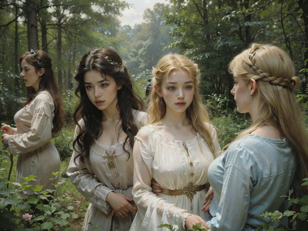 ((((3 women together, three girls staring, multiple characters, group)))), ((18 yo, close-up, portrait)) , fit , (young) , beautiful , (((pale skin, wavy blonde hair))), (((tight t-shirt, busty, dreamy, loving stare, magical fairytale fantasy atmosphere, magical fairytale forest, sexy))), flowers in hair, surrounded by flowers, happy, playful, ((large soft heavy breasts)), in love