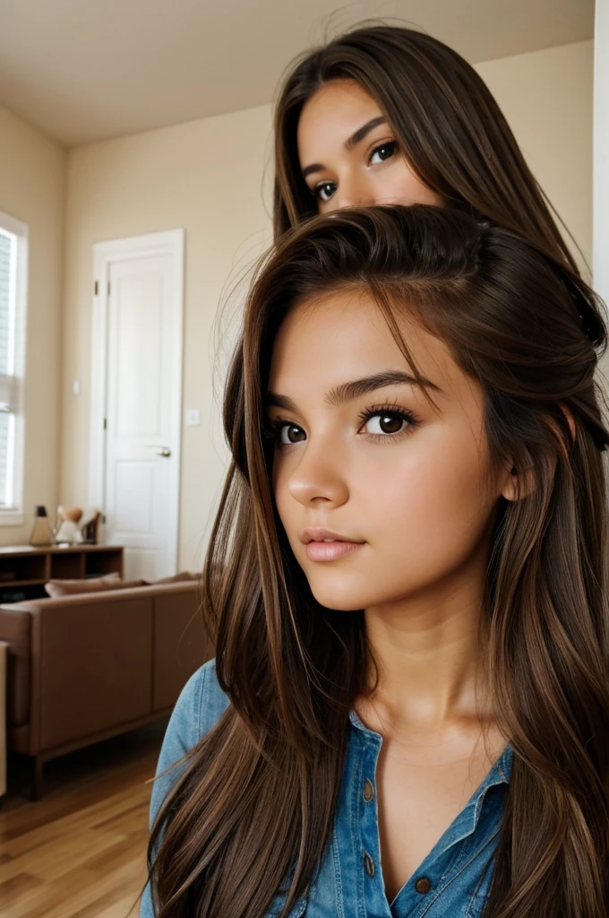 Girl with brown hair and brown eyes inside room