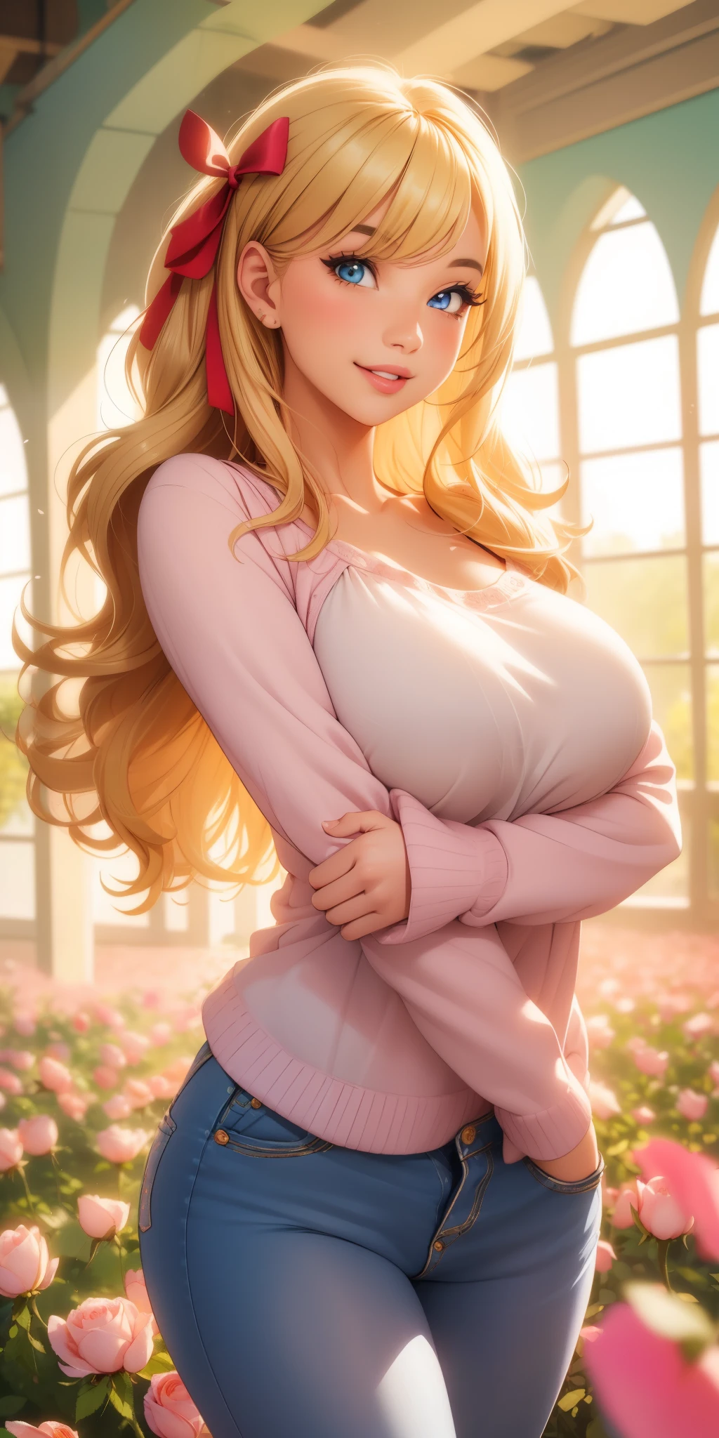 (best quality, ultra-detailed, photorealistic: 1.39), Face of naughty 29 year old teenager, bright and vibrant colors, studio lighting, romantic expression, Perfect big breasts, cute blouse, long sleeves, jeans, Short, Wavy hair with ribbon in the blonder hair, bangs flowing in the wind, attractive eyes, lips bright, sexy pose, smiling seductively, posing for a professional photo shoot, soft natural lighting, creating a dreamy and magical atmosphere, fields of roses, petals in the air